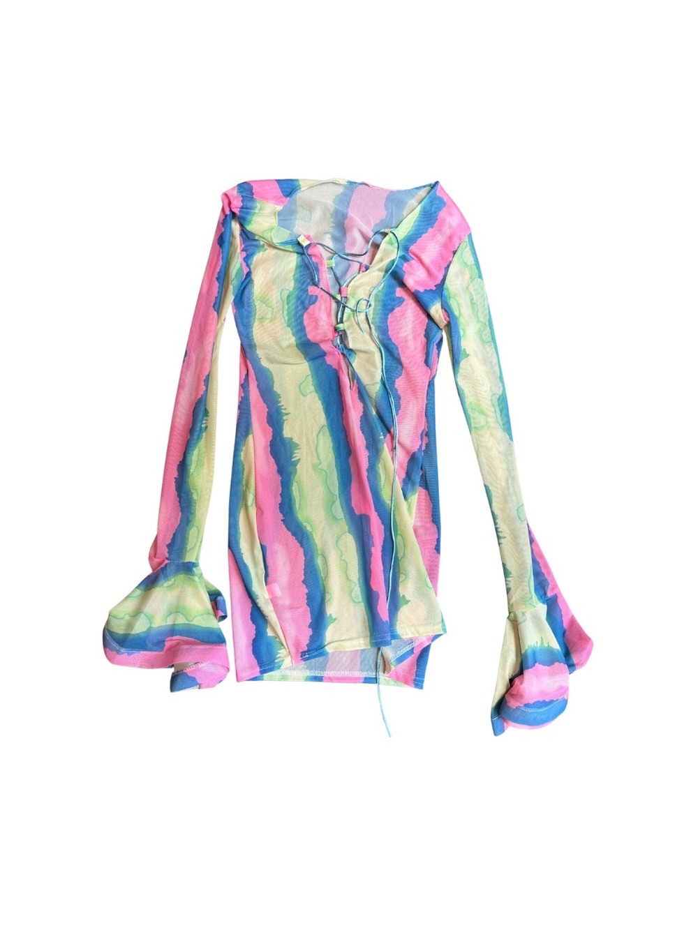 Fashion Nova Pastel Multi-Stripe Lace-Up Sheer Mini Dress